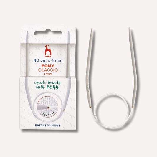 Klassiska rundstickor från Pony med en 40 cm flexibel kabel. Tillverkade av aluminium och plast, finns i storlekar 2-10 mm.