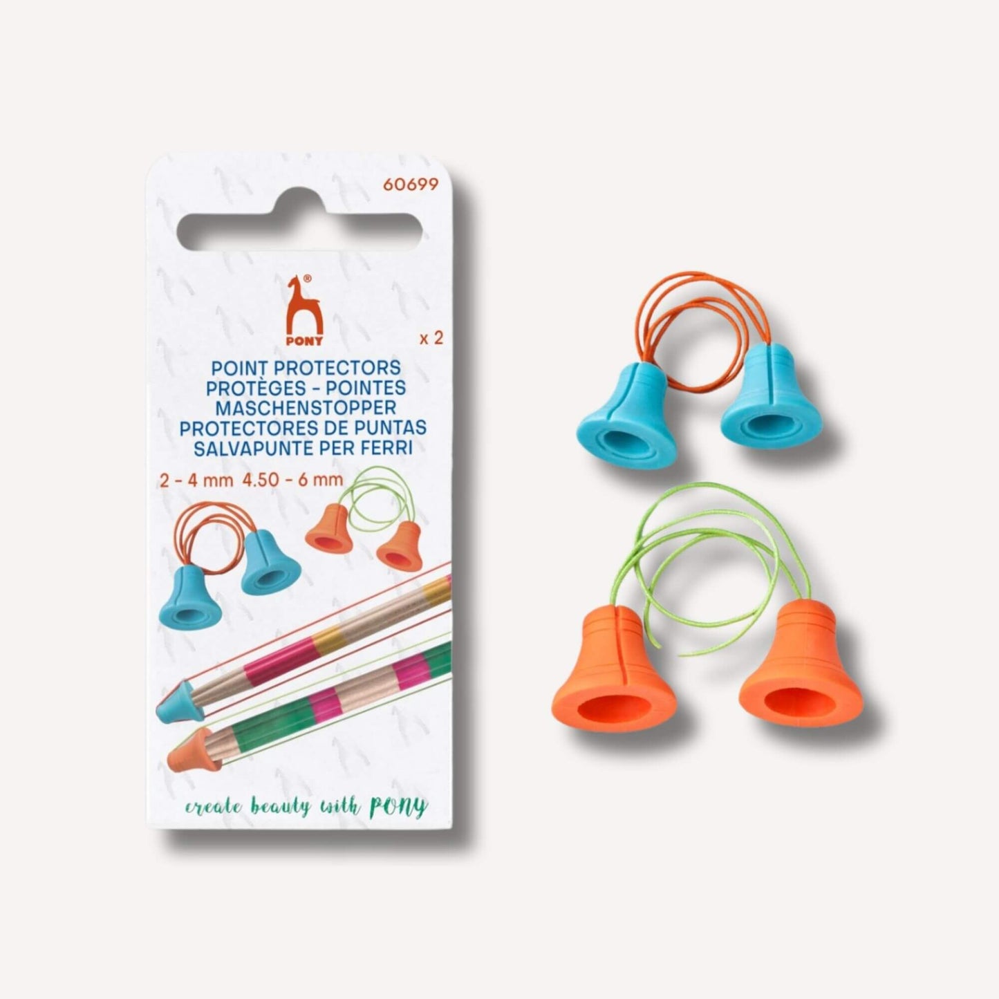 Set med 2 stickskydd för strumpstickor, passar storlekarna 2-4 mm och 4,5-6 mm.
