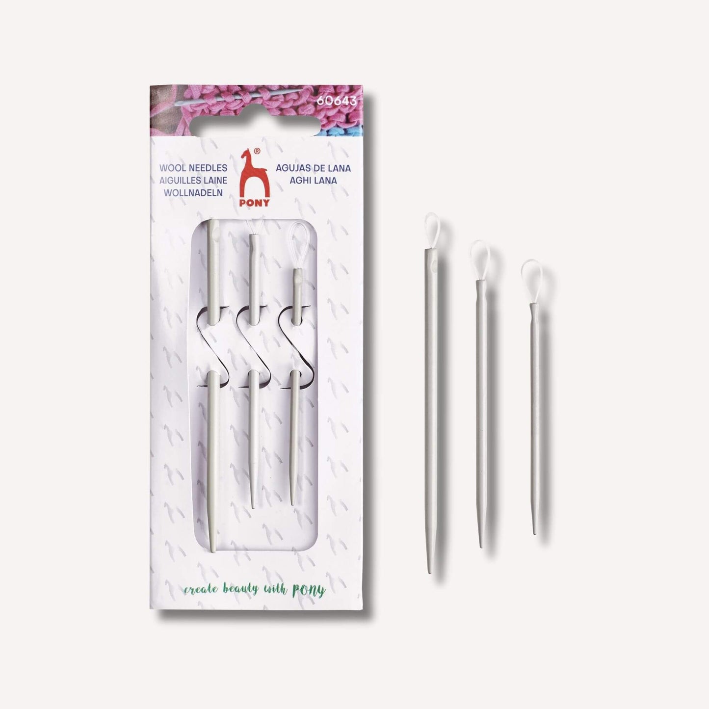 Set med tre Pony ullnålar i aluminium med nylonöglor