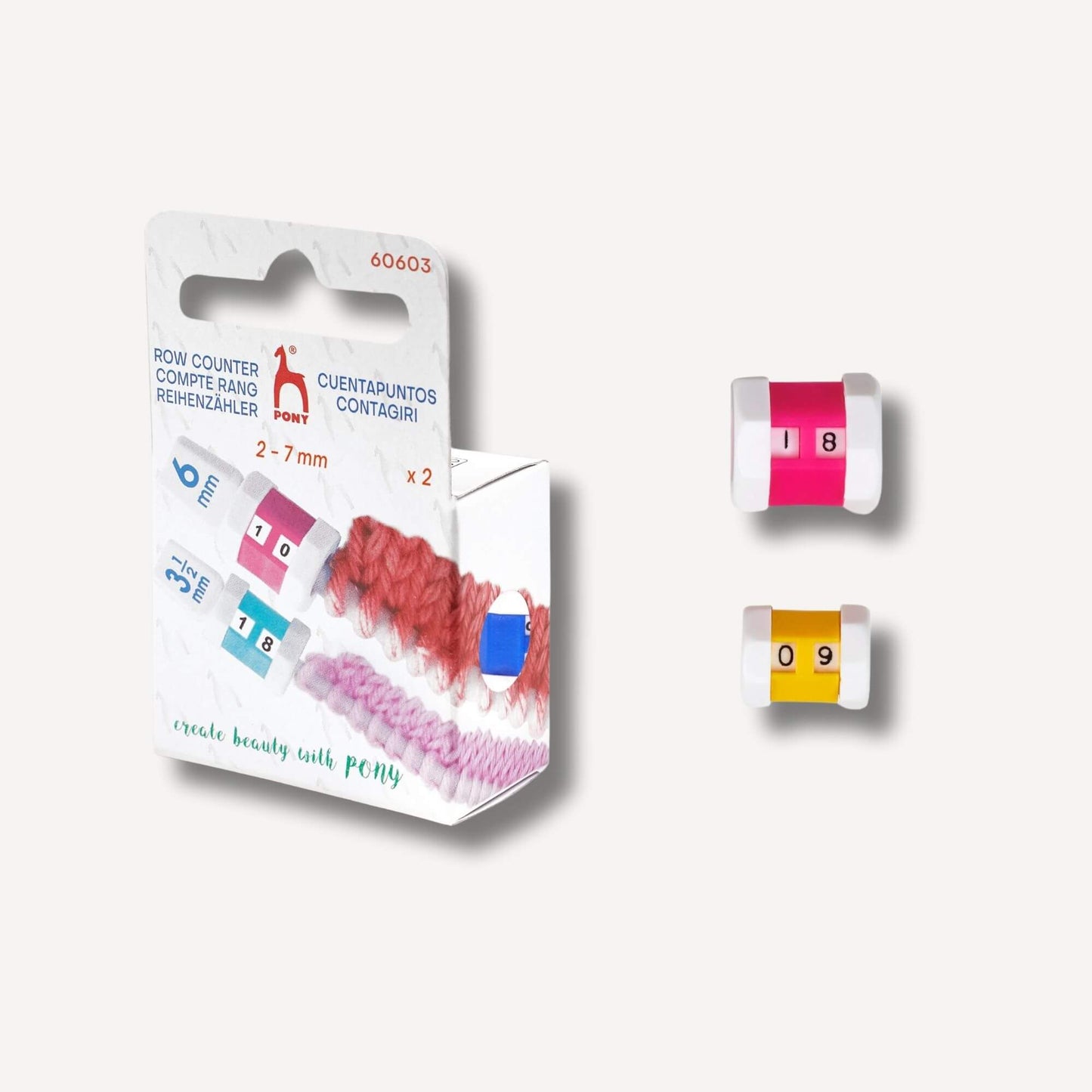 2-pack varvräknare från Pony, designade för att fästas på stickor och hjälpa till att räkna varv under stickning.